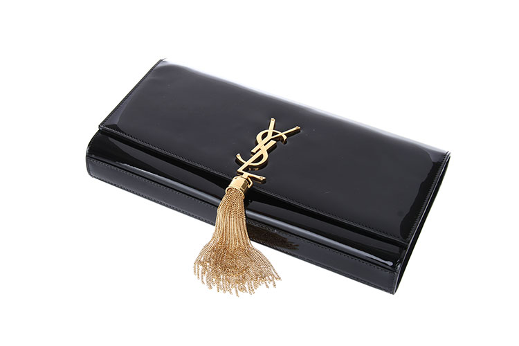 yves saint laurent(圣罗兰) 黑色漆皮金色流苏挂饰手包