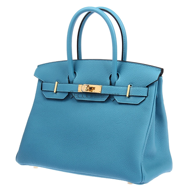 hermes(爱马仕) 蓝色皮质金扣手提包birkin30 7b