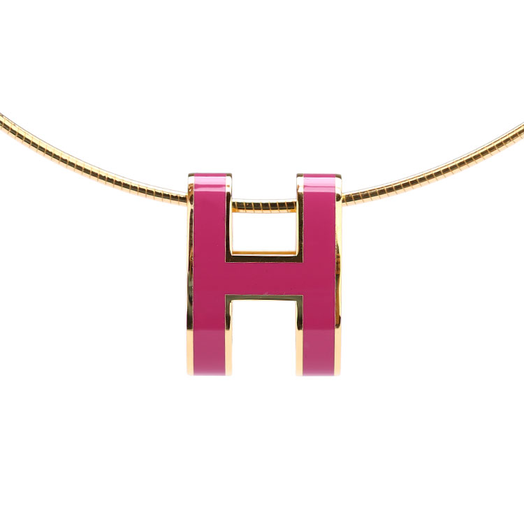 hermes(爱马仕) 玫红色珐琅椭圆h扣金色项链