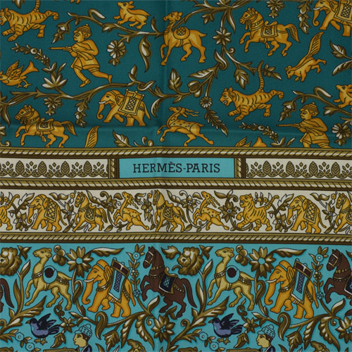 hermès 爱马仕 蓝绿拼接动物花纹 丝巾