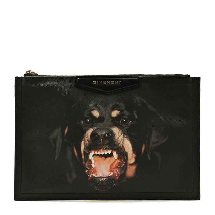 givenchy/纪梵希 黑色挪威纳犬 狗头中性款式 saffiano皮革手拿包