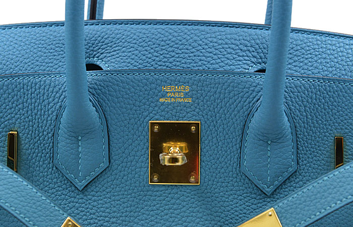 hermes/爱马仕 7b松石蓝 birkin金扣女士牛皮togo 手提包 30 r刻