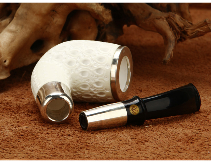 土耳其ALTINAY海泡石 HP.SIL-14B3 撞球式925双银圈军插弯柄镂空雕花烟斗