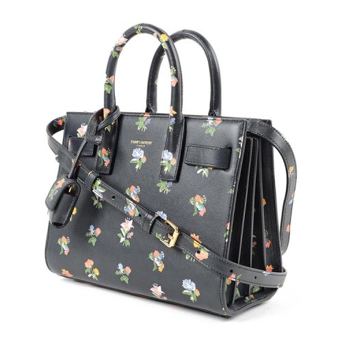 yves saint laurent/圣罗兰 女士logo装饰花朵印花真皮手提包 sp
