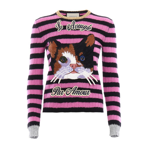 gucci/古驰 女士双色块猫咪图案刺绣羊毛羊绒混纺针织衫 sp