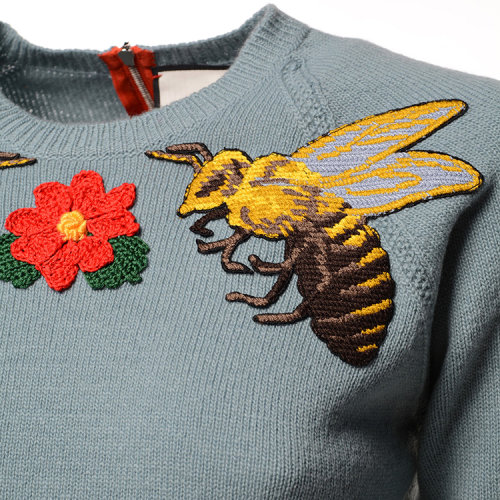 gucci/古驰 女士 花朵与蜜蜂图案刺绣 个性拉链 羊毛 针织衫 sp