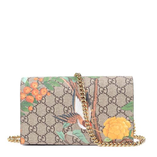 gucci/古驰 女士鸟和花朵图案印花金属链肩带牛皮单肩包 sp
