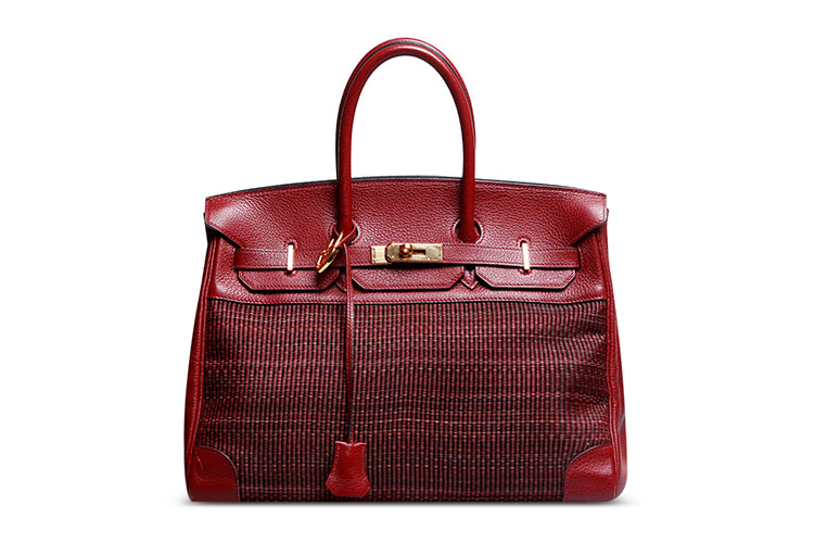 hermes(爱马仕)暗红色皮质马尾毛拼接手提包