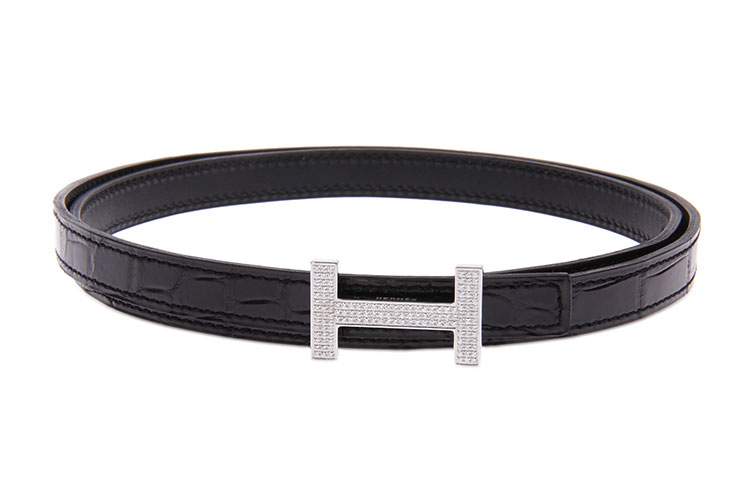hermes(爱马仕) 18k白金镶钻h扣黑色倒v鳄鱼皮窄版腰带80