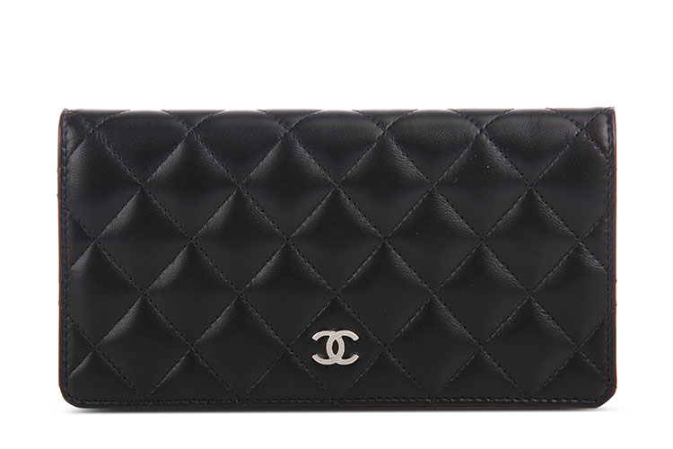 chanel(香奈儿))黑色皮质菱格纹长款两折钱夹