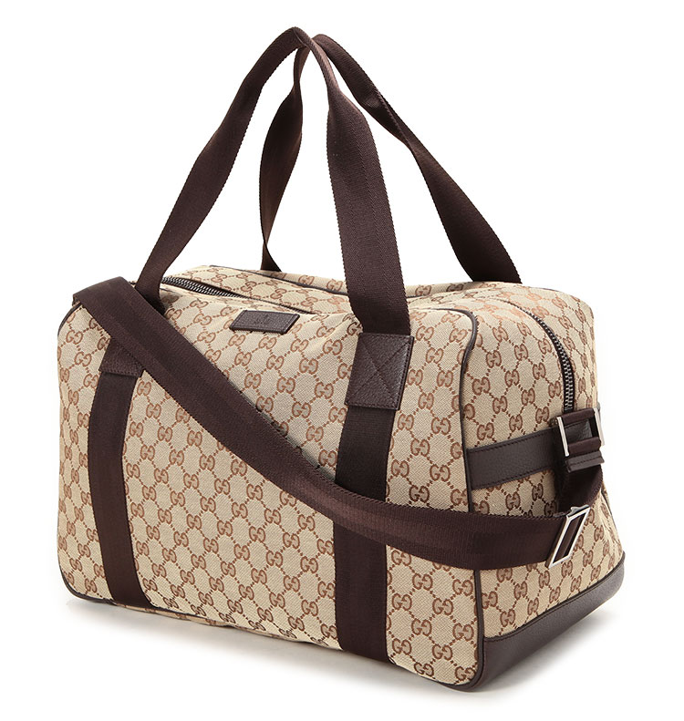 gucci(古驰) 男士卡其色经典logo帆布旅行袋