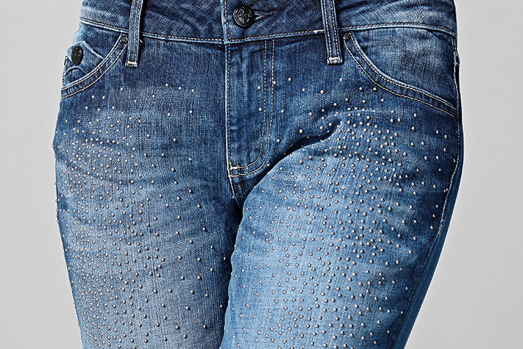 lerock/lerock水洗磨白铆钉装饰牛仔小脚裤女士裤子 牛仔蓝色 29