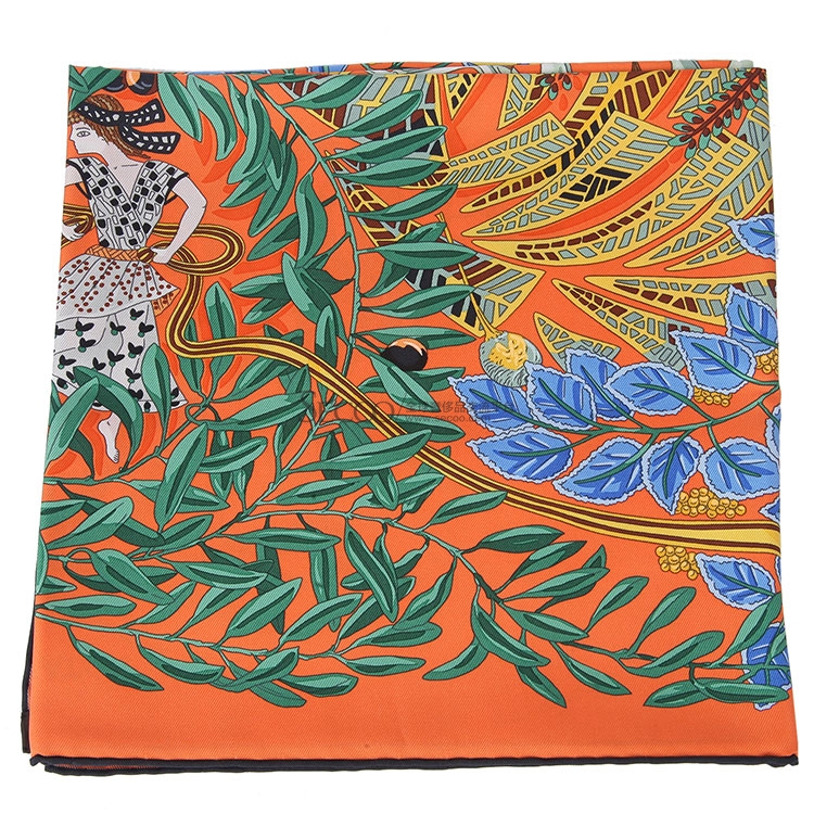 hermes(爱马仕) 橘色叶子图案丝巾 90*90