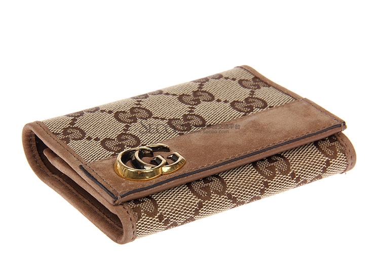 【gucci古驰 钱包】gucci(古驰) 卡其色帆布浅咖色配皮短款钱夹【正品