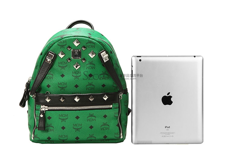 mcm(mcm) 绿色皮质铆钉款小号双肩包