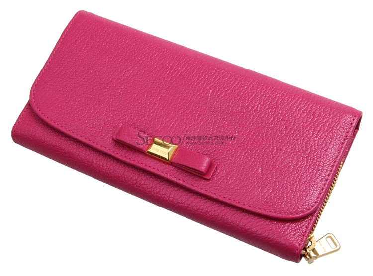 miumiu(缪缪) 桃红色皮质蝴蝶结长款按扣钱夹