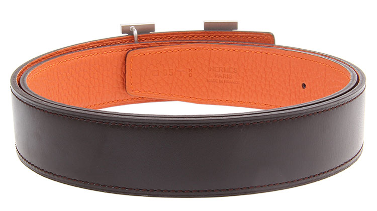 hermes爱马仕亮面银h扣橙色深咖色皮质两面腰带85