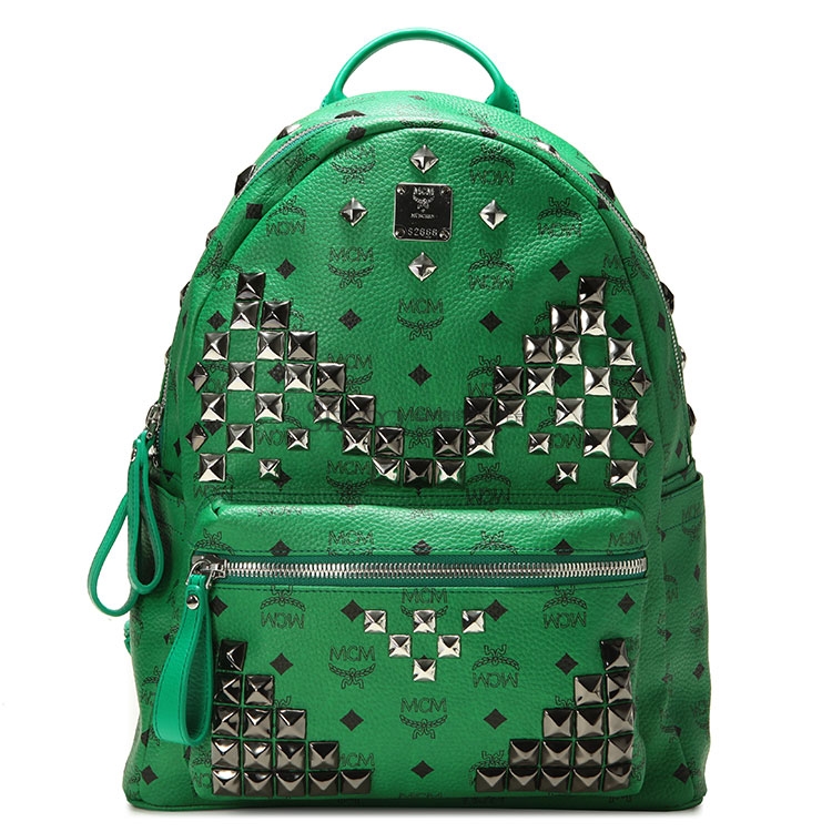 mcm(mcm) 绿色皮质铆钉款中号双肩包