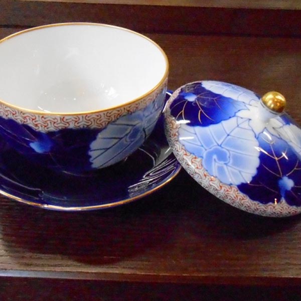 日本皇室御用香兰社 秋海棠纹深蓝色陶瓷茶壶茶杯套装(茶壶1,茶杯5)