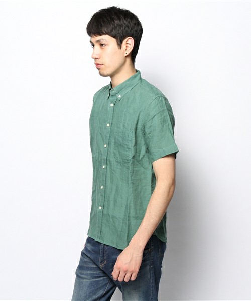 beams lights / 亚麻水洗布男士纽扣领短袖衬衣51-01-0042-012