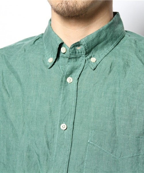 beams lights / 亚麻水洗布男士纽扣领短袖衬衣51-01-0042-012