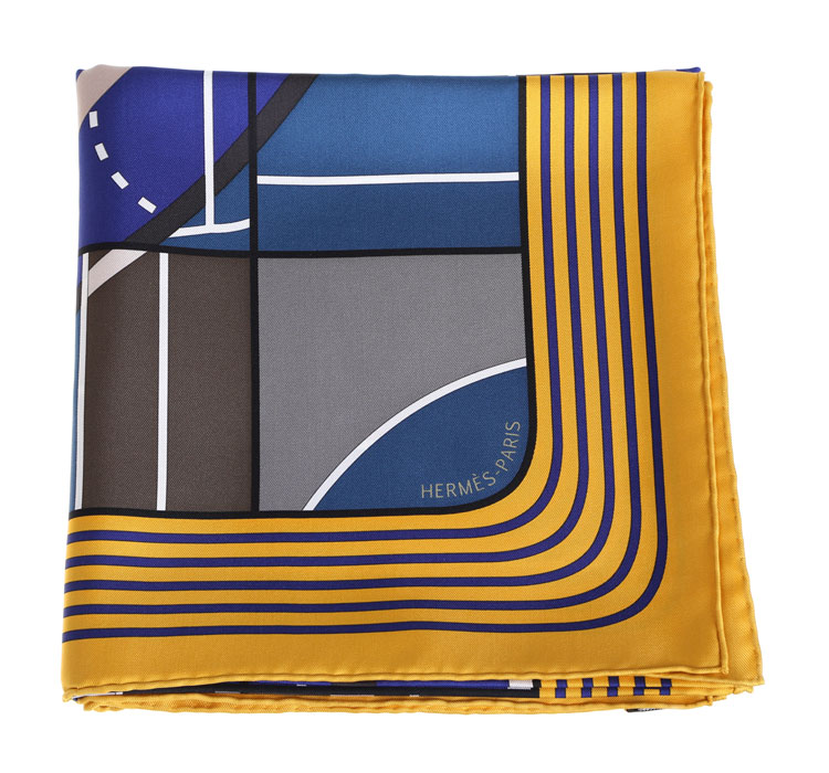 hermes(爱马仕) 藍色格子黃邊丝巾 90*90