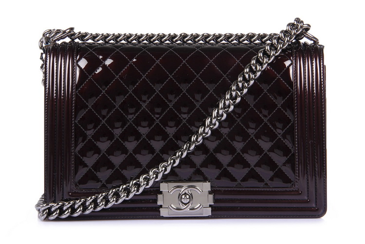 chanel(香奈儿) 深酒红漆皮银链单肩包leboy 大号