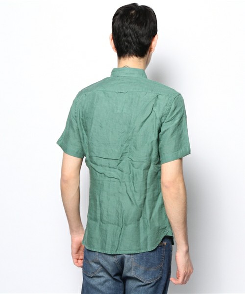 beams lights / 亚麻水洗布男士纽扣领短袖衬衣51-01-0042-012