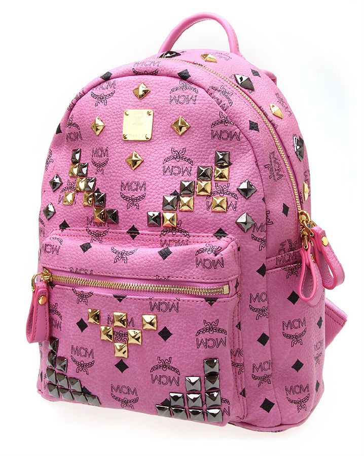 mcm(mcm) 粉色皮质铆钉装饰小号双肩包