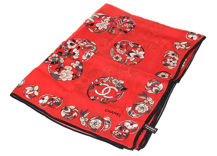 特价chanel(香奈儿) 红色系鲜花图案长方形丝巾