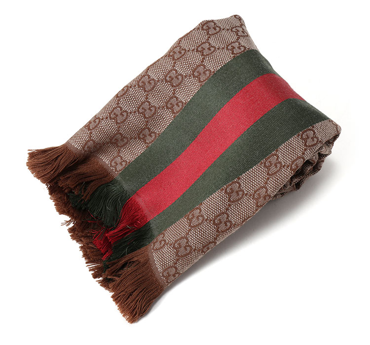 圍巾】gucci(古馳) 深卡其色紅綠條紋logo羊毛圍巾【正品 價格 圖片】