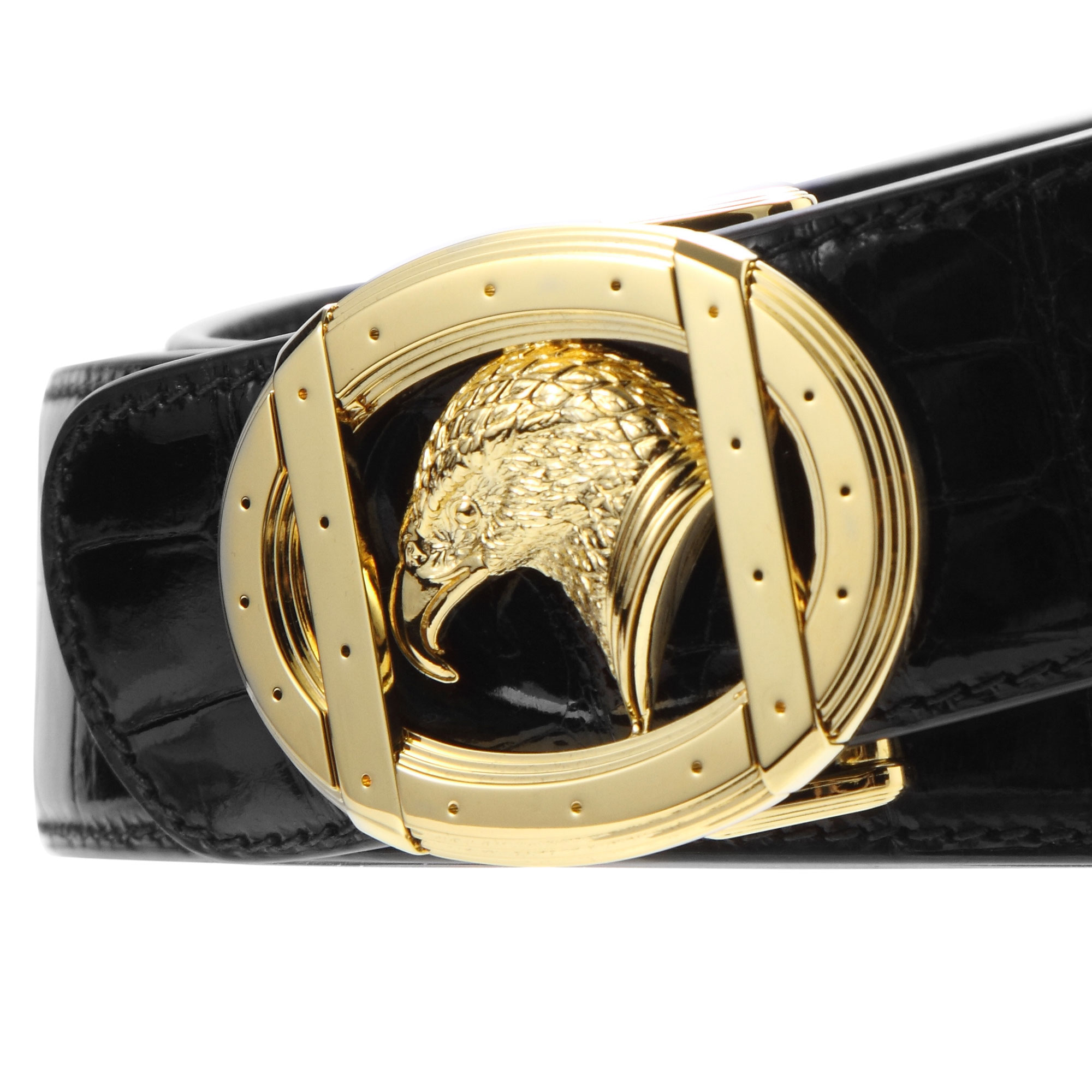 stefano ricci(史蒂芬劳.尼治) m黑色鳄鱼皮圆形鹰头金扣腰带 #100