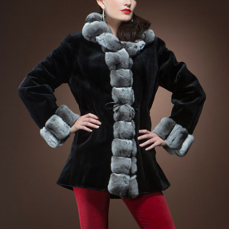 女士黑色貂皮栗鼠毛皮草外套