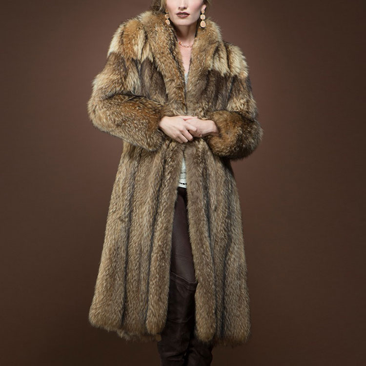 女士棕色狸猫毛中长款皮草大衣