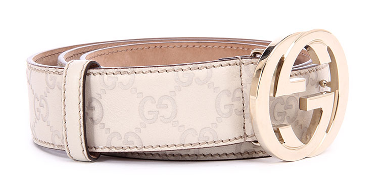 gucci(古驰) 浅金双g扣米白色皮质腰带100