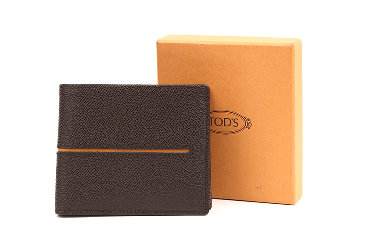 tods/托德斯男士条纹牛皮短款钱包 棕色黄条 bls