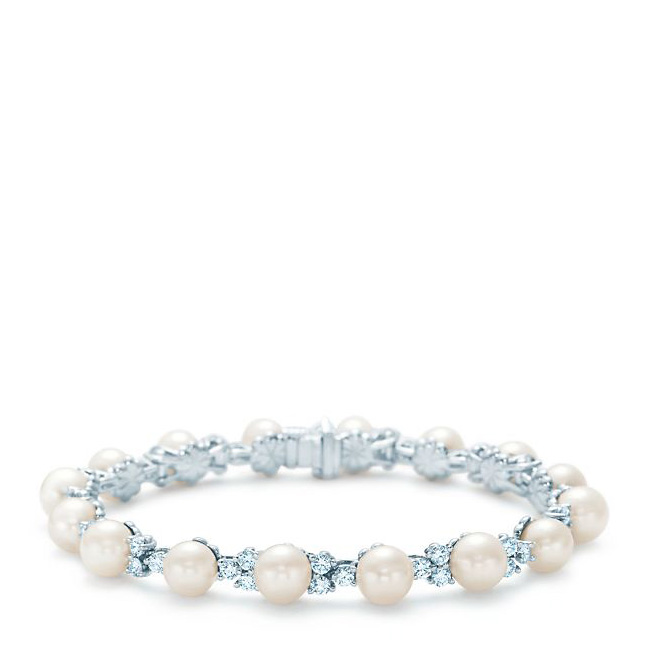 (蒂芙尼)aria 铂金镶钻珍珠手链 14425829