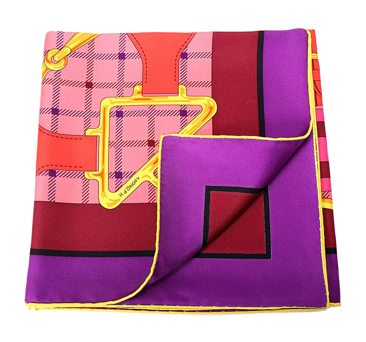 hermes(爱马仕) 紫色底四色马头图案印花丝巾 90
