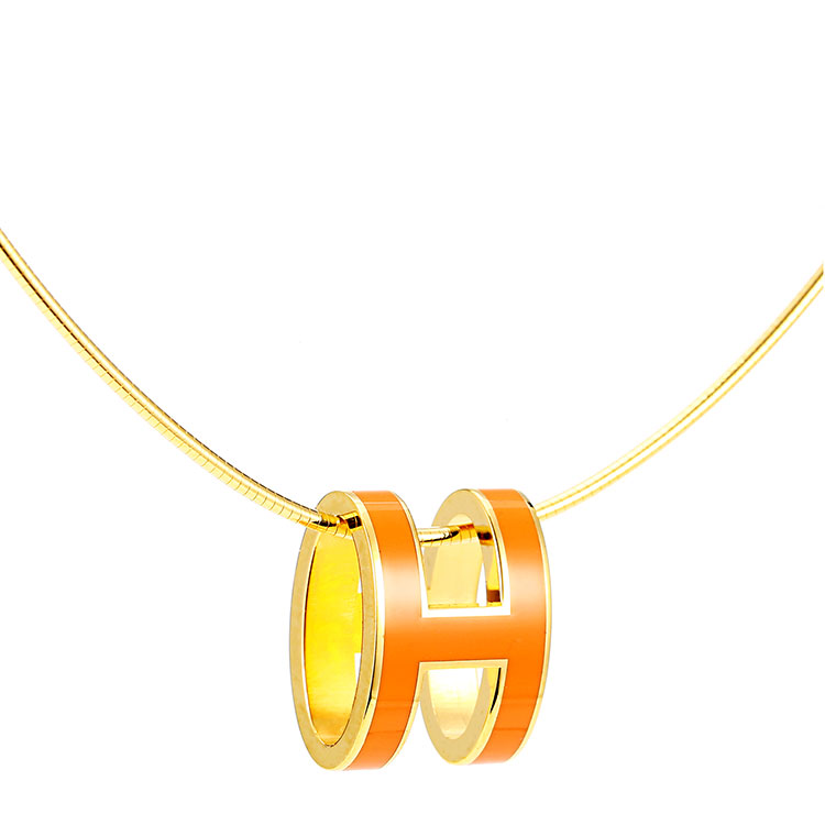 hermes/爱马仕 橘色珐琅金链椭圆h扣吊坠项链