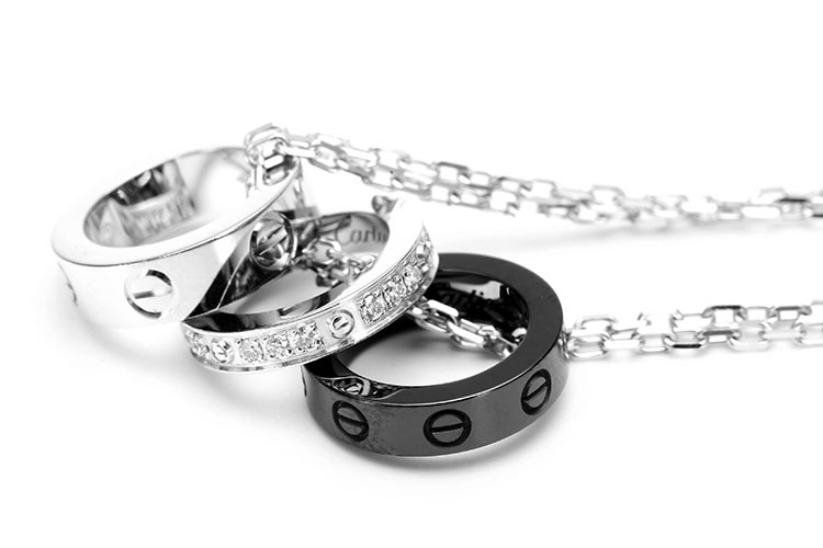 cartier(卡地亚) love系列18k白金/黑陶瓷三环项链
