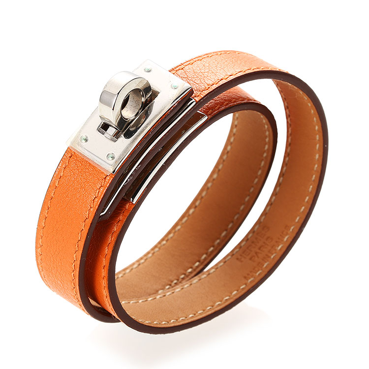 hermes(爱马仕) 桔色皮质银扣手环m