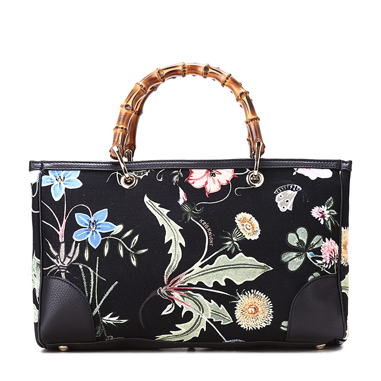 gucci(古驰) 黑色底印花帆布拼皮竹节手柄两用包