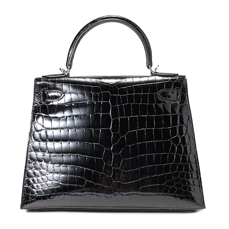 hermes(爱马仕) 黑色两点鳄鱼皮银扣kelly28两用包