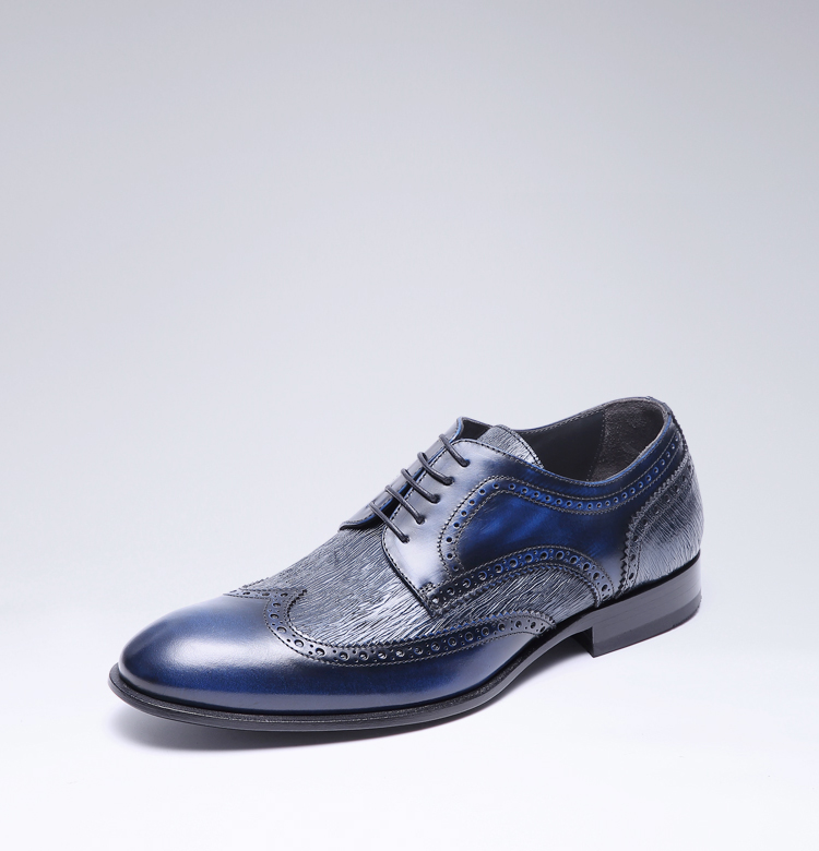 意大利进口 奢侈品牌 树皮纹 手工擦色 商务鞋 布洛克皮鞋 蓝色 42