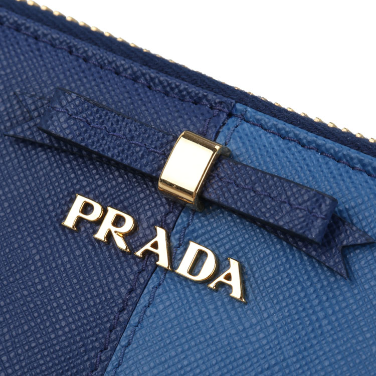 prada 普拉达 深/浅蓝色 压纹牛皮 女款 拼色经典长款拉链钱夹钱包 1m