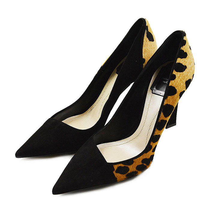 dior/迪奥 女士马毛黑色拼豹纹翻毛女士高跟鞋