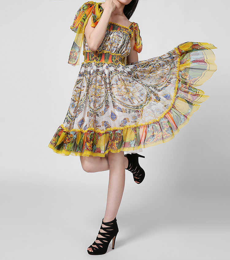dolce&gabbana/杜嘉班纳连衣裙-女士黄色桑蚕丝时尚连衣裙