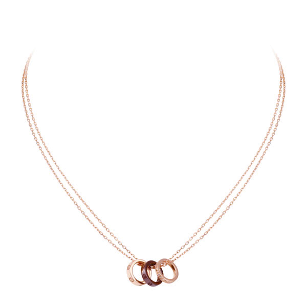 cartier/卡地亚 18k玫瑰金/棕色陶瓷/钻石 三环双链条镶钻项链挂坠 b