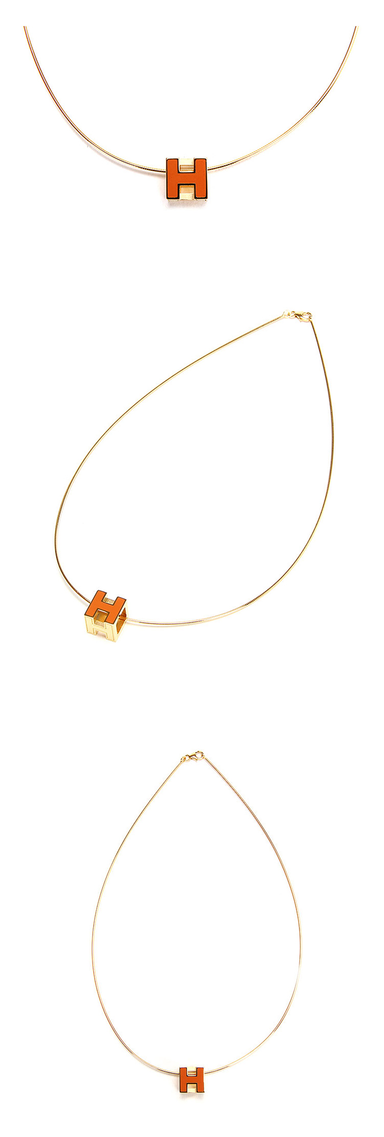 hermes/爱马仕 橘色金链h吊坠项链 橘色